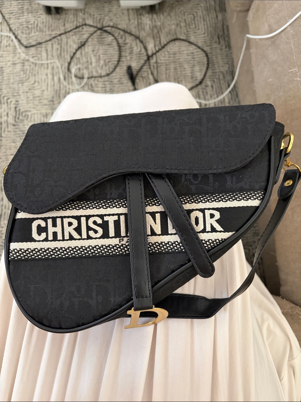 Dior Black and White Saddle Crossbody Bag with Gold 'D' Charm